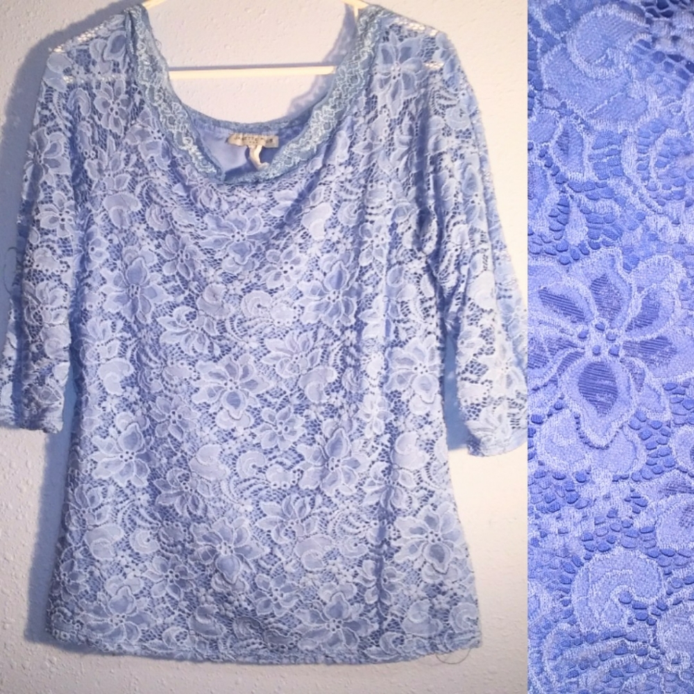 Lace Blue 3/4 Sleeve Off the Shoulder Poly Spandex Top 3X